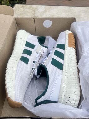 adidas White Sneakers with Dark Green Stripes and Gum Accents